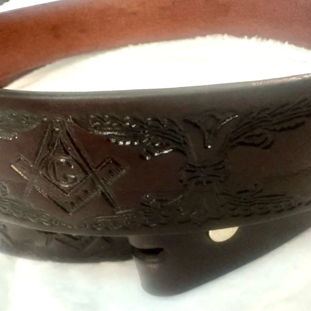 NEW Big Men's Genuine Leather Dark Brown Freemason Square Logo Belt Masonic 58